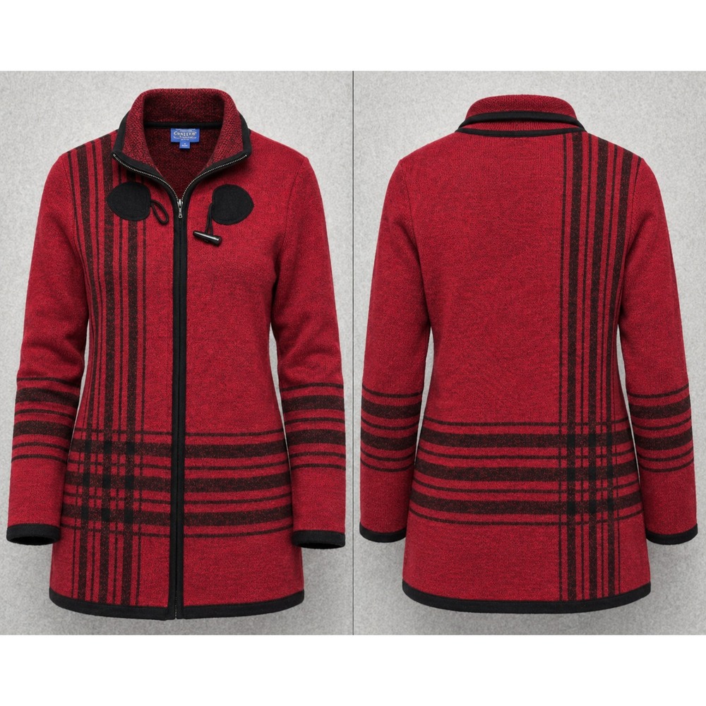 Pendleton Wool Jacket Womens M Red Black Plaid Full Zip Suede Trim Southwest